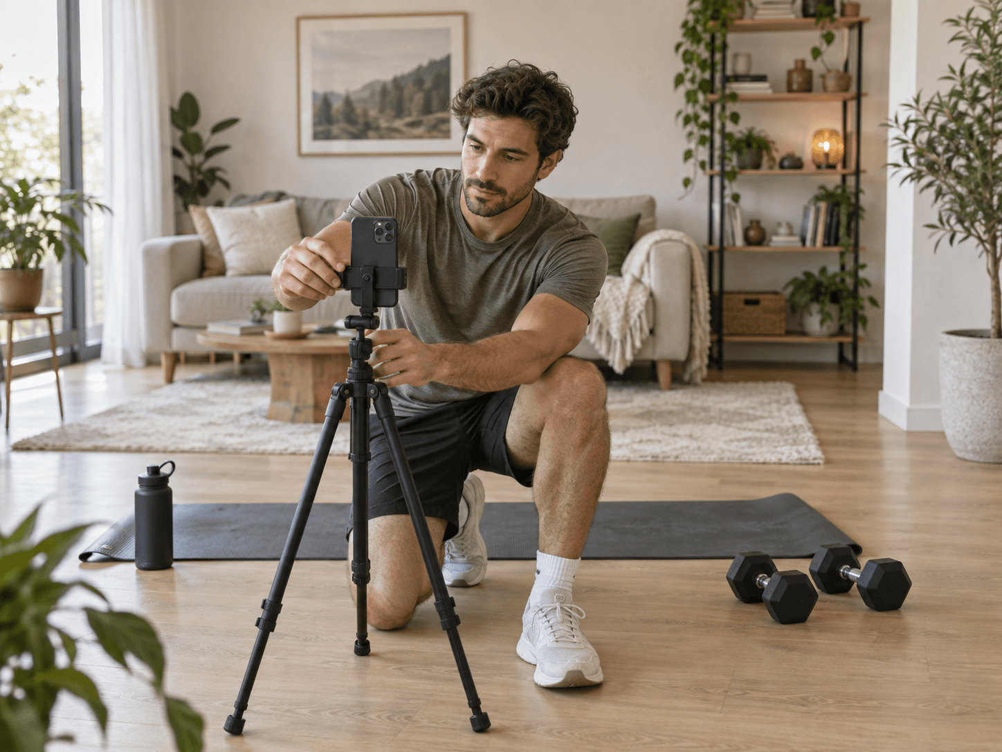 Fitness creator setting up a camera for an exercise tutorial at home
