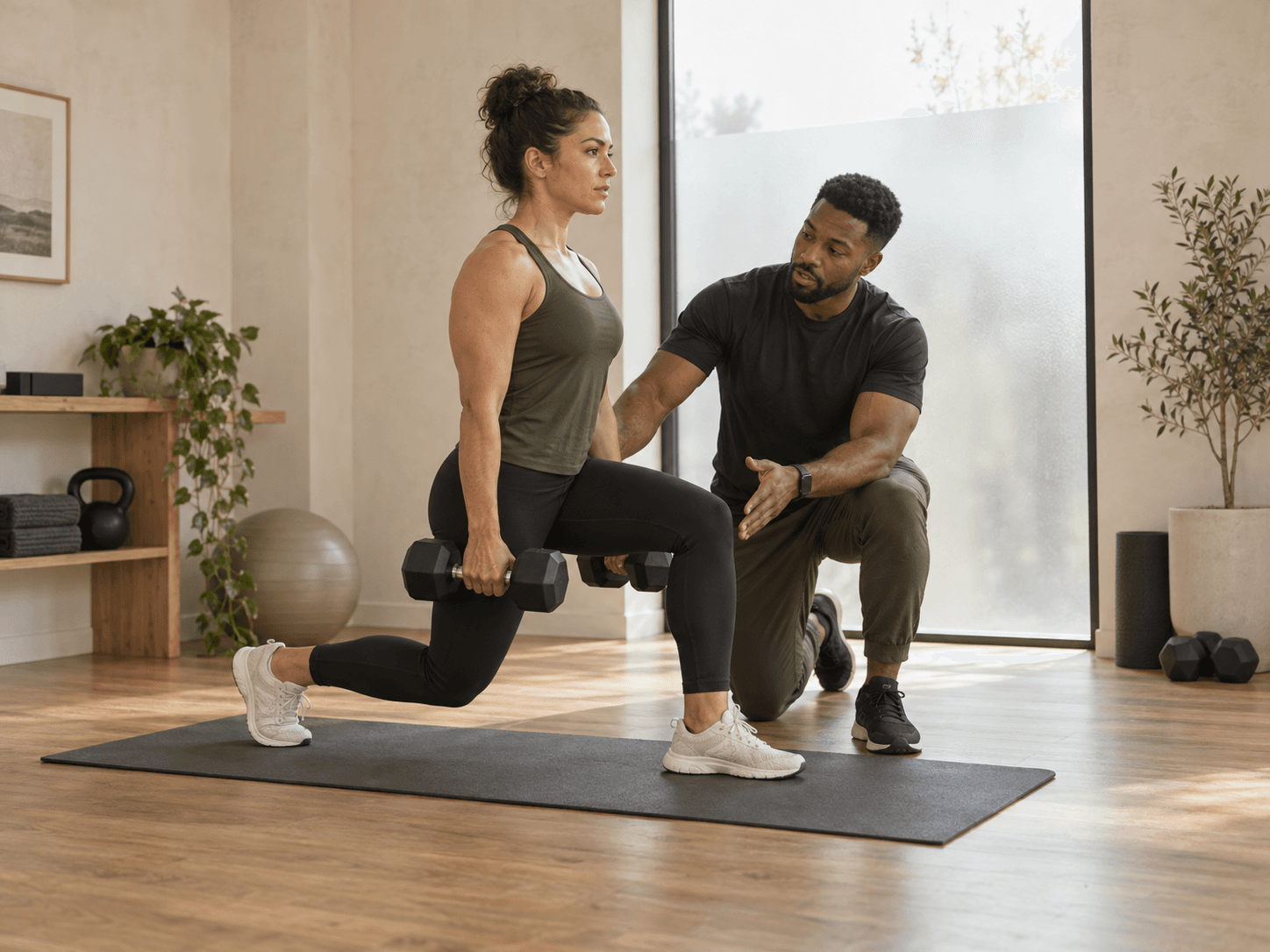 Personal trainer coaching a dumbbell split squat in a bright private studio