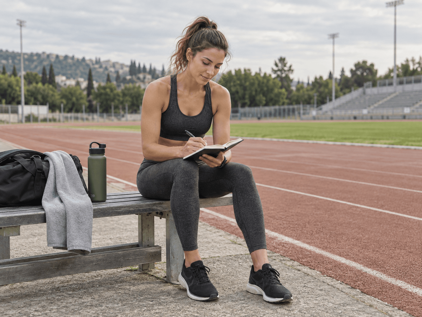 Athlete recording a session beside an outdoor running track