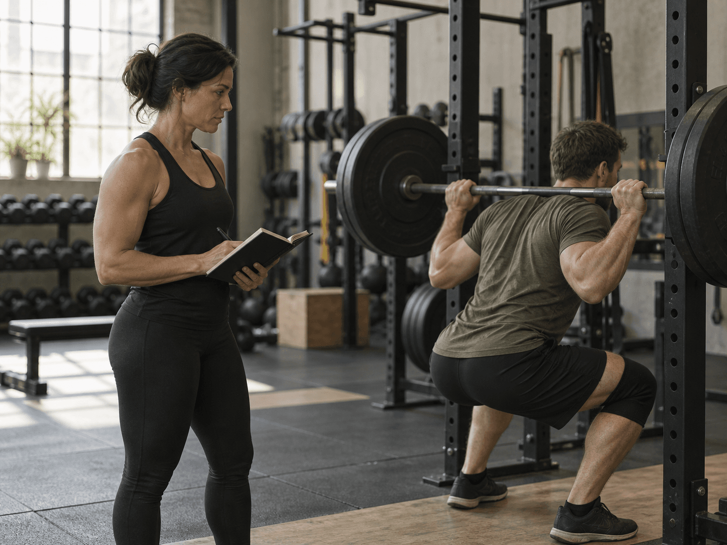 Strength coach observing an athlete at a squat rack
