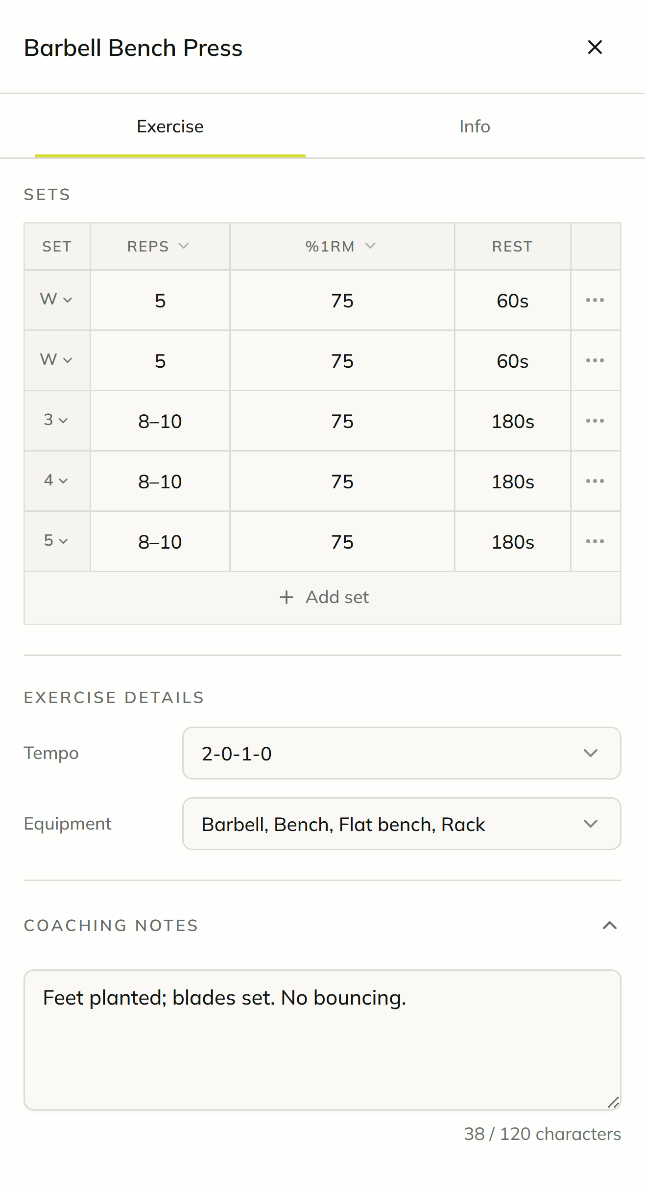 Barbell Bench Press inspector with two warm-up sets, three working sets, tempo, rest, and coaching notes