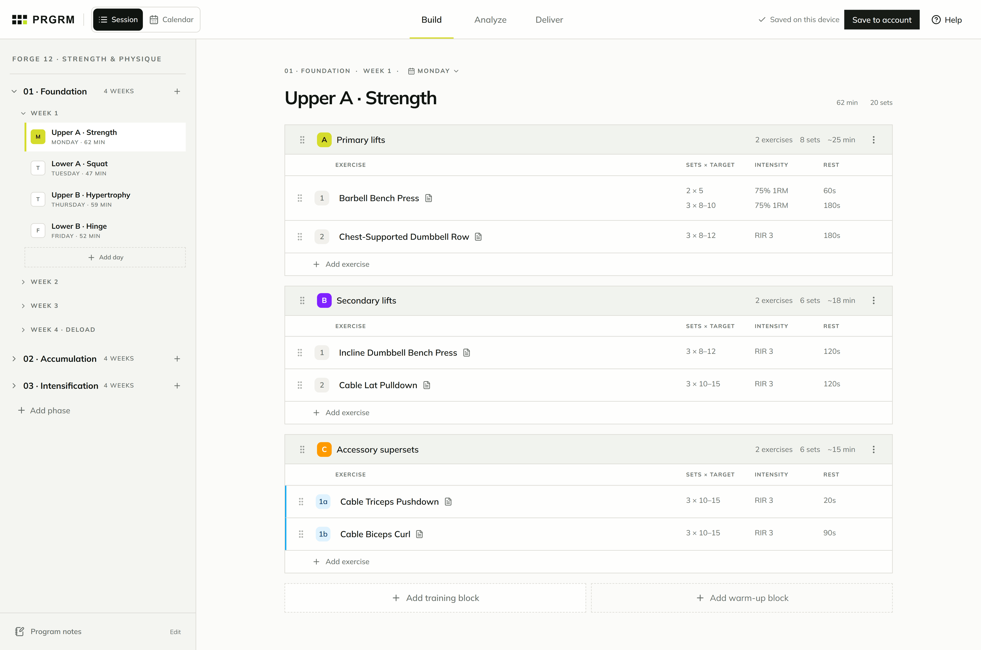 FORGE 12 in BUILD with three training phases and an upper-body strength session