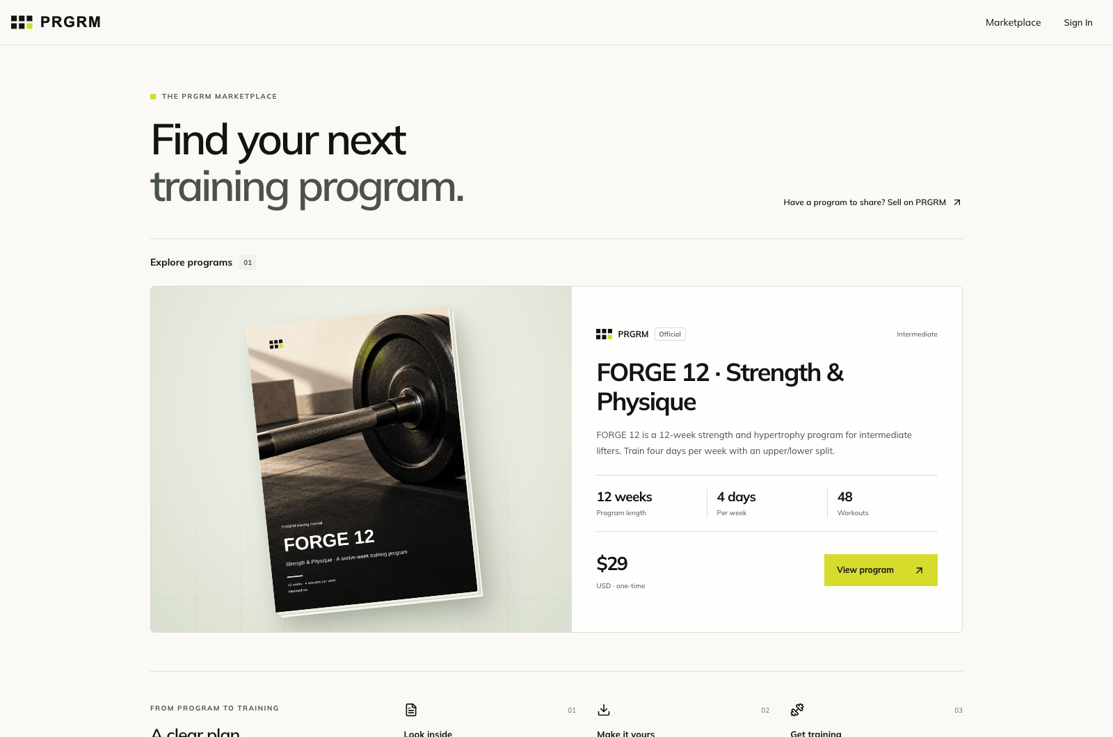 The PRGRM Marketplace featuring the FORGE 12 strength and physique program