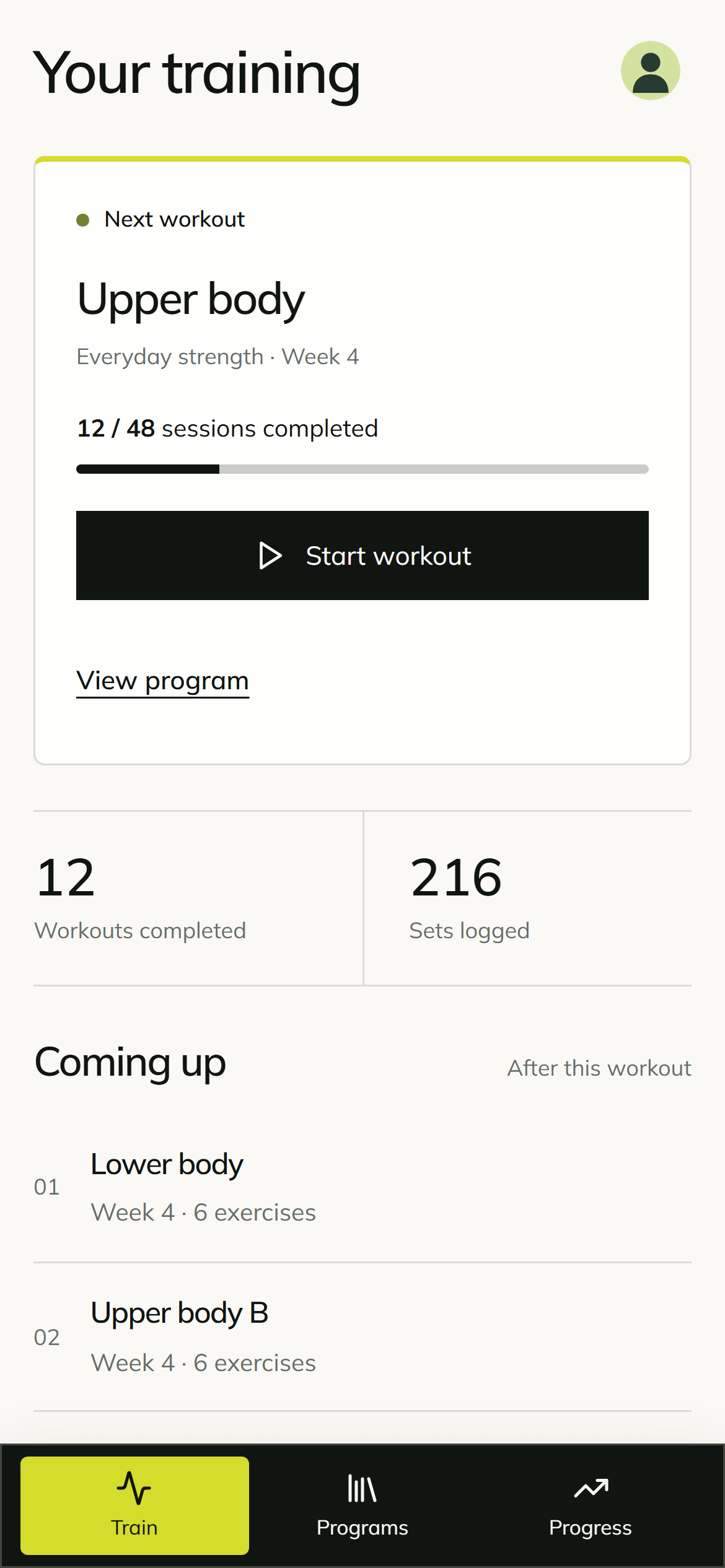 The Your training home screen with the next workout and upcoming sessions