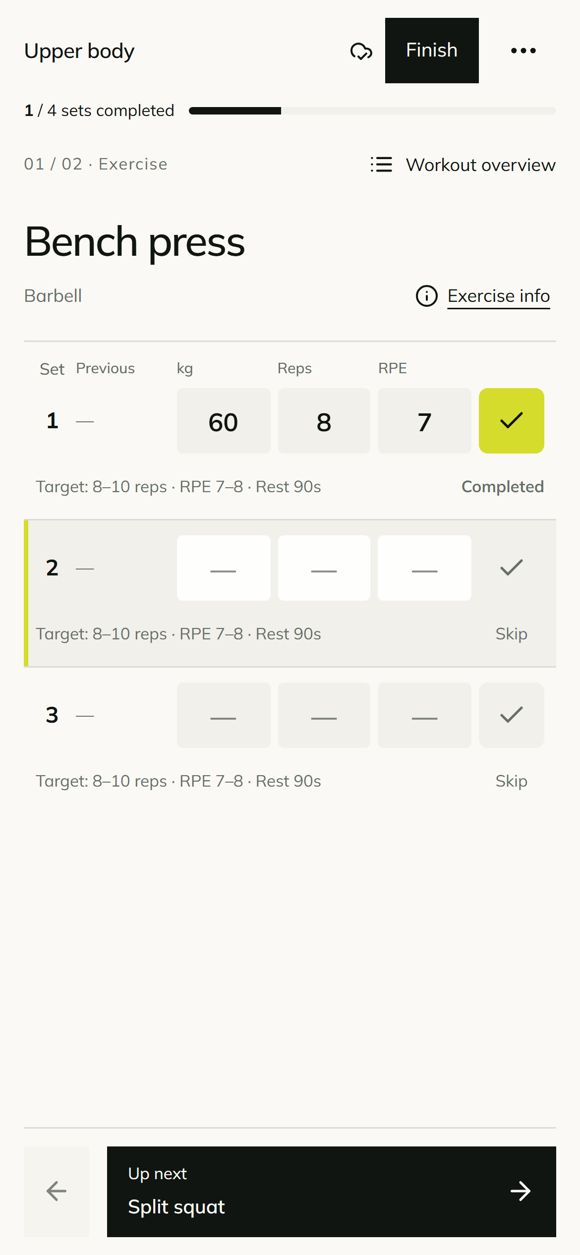 TRAIN’s set log with prescribed reps, rest, and fields to record workout results