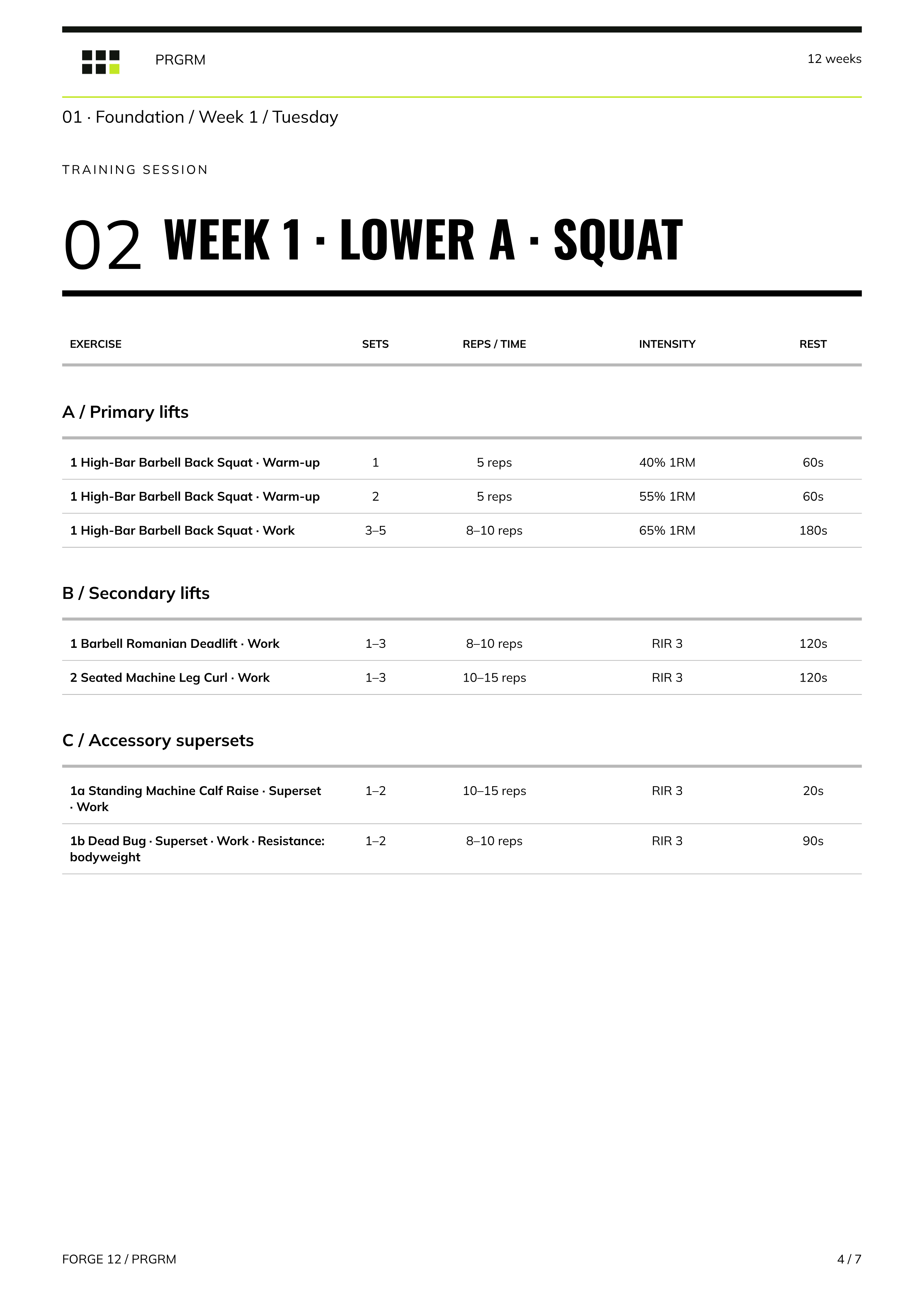 An exported FORGE 12 PDF page with a lower-body strength workout