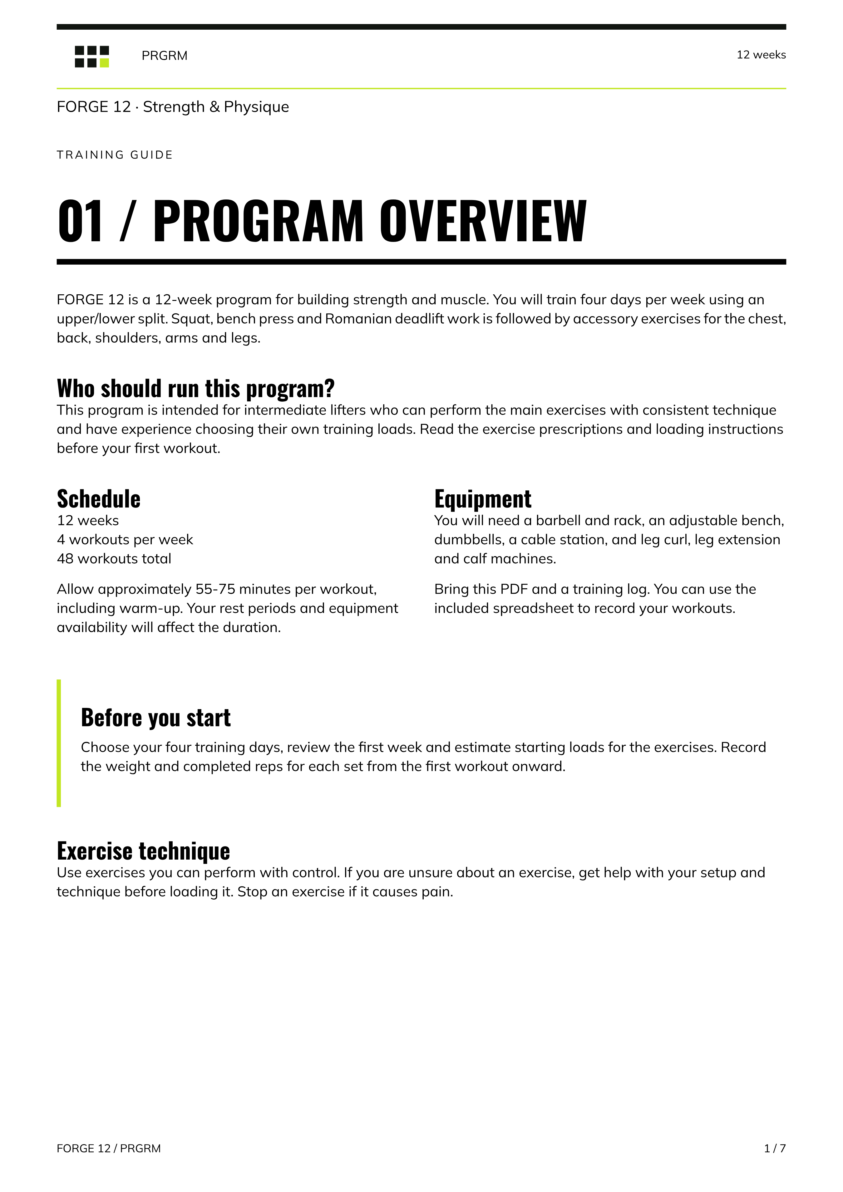 A finished FORGE 12 program overview exported as a PDF