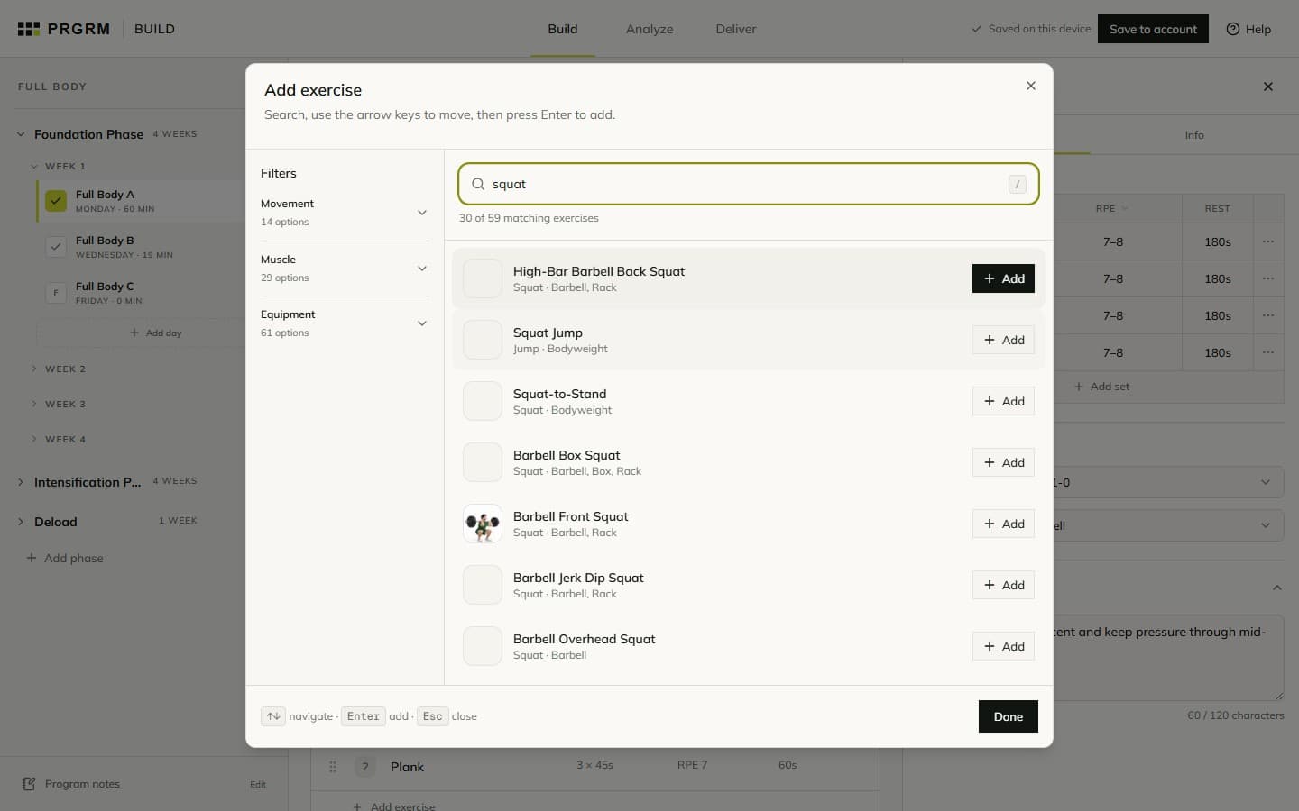 The exercise picker searching for squat, with movement filters and Add buttons for matching exercises.