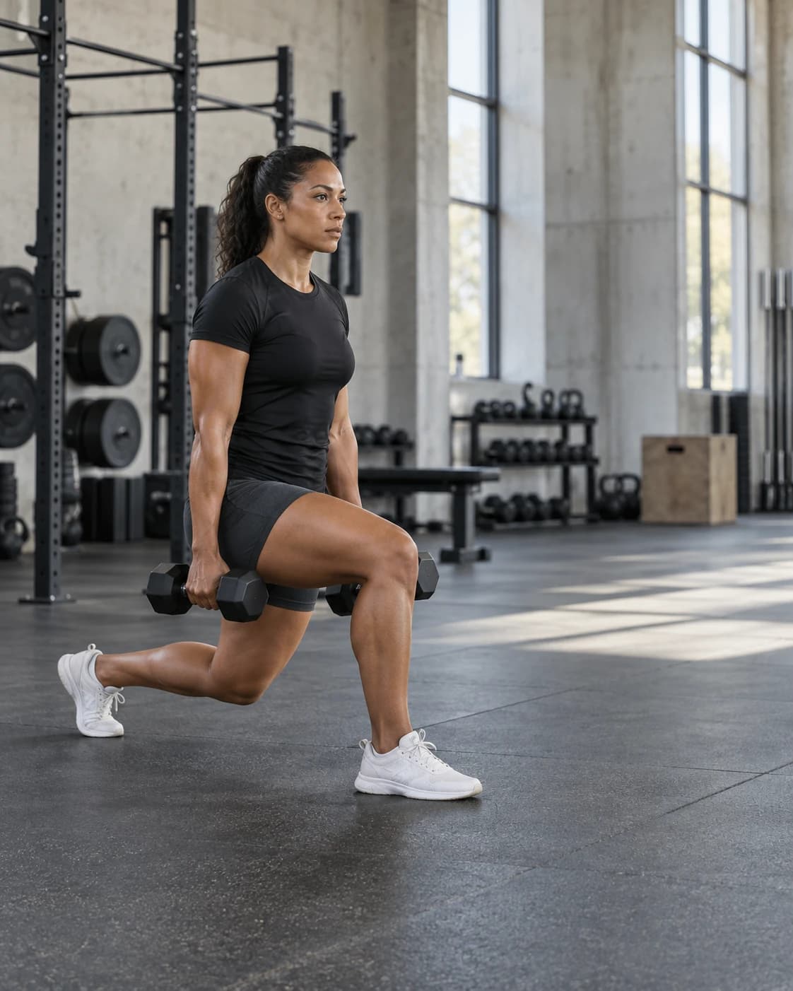An athlete performing a dumbbell split squat in a strength gym